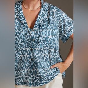 Anthropologie Pilcro Printed Voile Surf Button Front Shirt in Blue Ikat Size S